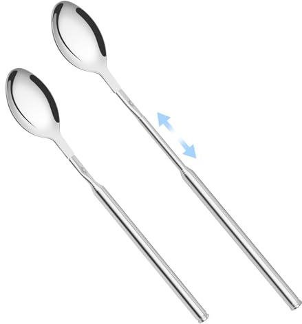 2 PCS Telescopic Extendable Stainless Steel Spoon Set, Expandable to 25 In, for BBQ, Dinner, Fruit, Dessert