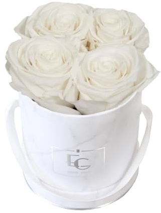 EG EMMIE GRAY Classic Infinity Rosebox | Round | XS | Marble Silver – 4 Infinity Rosen mit langjähriger Haltbarkeit, echte Rosen die bis zu 3 Jahre blühen, konservierte Rosen (Pure White)