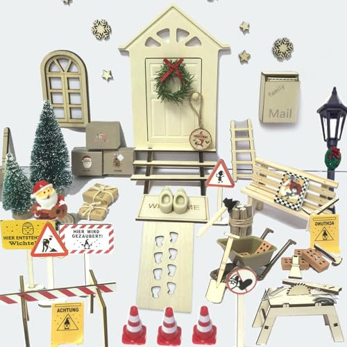 HARRA HOME Wichteltür Set, 75 Stück Wichtel Zubehör Baustelle Set, Wichteltür Zubehör Weihnachten Komplettset inkl. Wagen, Hammer, Schaufel, Briefumschläge, Leiter, DIY Geschenk für Kinder