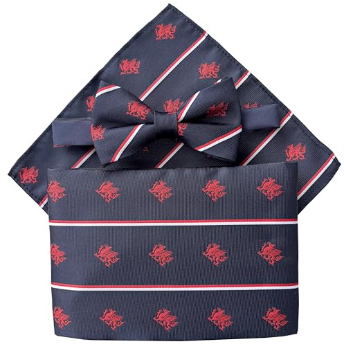 Kummerbund-Set für Herren, Motiv: walisischer Drache, Marineblau (inkl. Fliege und Einstecktuch), Marineblau, Rot, Weiß, Einheitsgröße