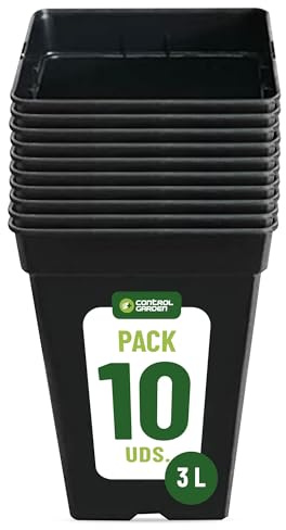Control Garden Pack med 10 svarta fyrkantiga växtkrukor, 3 liter, plastblomkrukor, växtkrukor i plast, robust