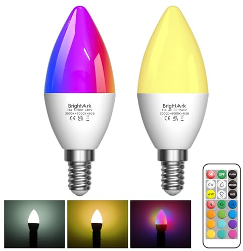 BrightArk E14 LED Farbwechselnde Glühbirne mit Fernbedienung, RGB+Warmweiß+Kaltweiß, 3 Dynamische Modi RGB Lampe E14 LED Dimmbar für Zuhause, Dekoration, Party (2 Stück)