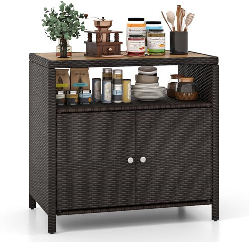 LIFEZEAL Aparador de Rattan PE, Armario de Cocina con Tablero de Madera de Acacia, Mueble con Tapa Abierta y 2 Puertas, 90x53x86 cm, para Terraza, Jardín y Patio (Marrón)