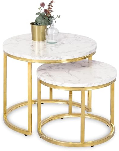 MEBEL ELITE Couchtisch 2er Set Rund – Wohnzimmertisch Weiß Marmoroptik – Sofatisch mit Metallgestell – Tische für Wohnzimmer und Büro – Pflegeleichter und Schmutzabweisender