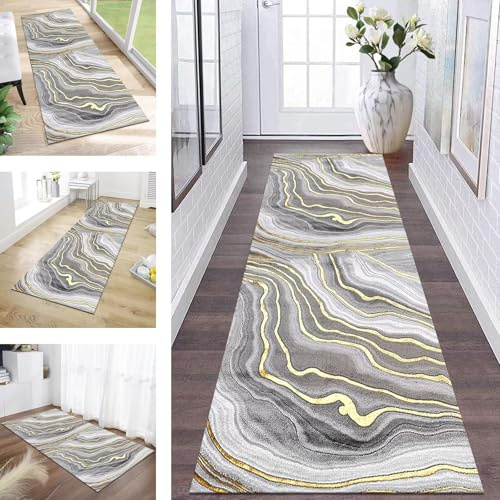 Teppich Läufer Flur Küche rutschfest Grau Gelb Abstrakt Teppichläufer Kücheläufer Waschbar 90X150CM Meterware Küchenteppich Läuferflurteppich für Wohnraum Schlafzimmer Kinderzimmer Schmutzfangläufer