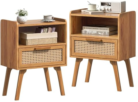 LELELINKY Nachttisch 2er Set Rattan, Boho Beistelltisch aus Holz