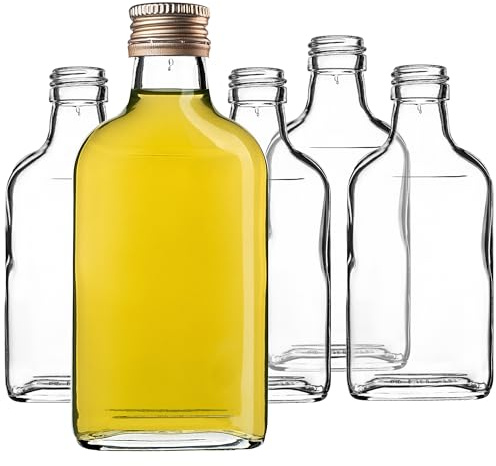 KADAX Lot de 10 gourdes Plates en Verre 200ml – Petites fioles à Bouchon vissant pour liqueurs, alcools & décorations