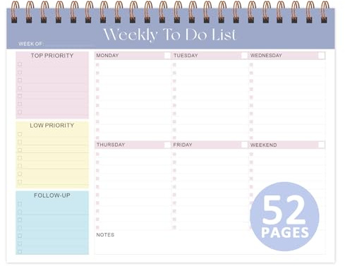 Weekly To Do List Notepad with 52 Undated Sheets (8.5×11), Desk Weekly Planner Notepad for Office Desk Accessories and School Supplies (Purple)