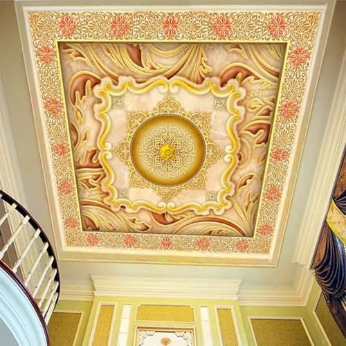 JCSMKFQ Fresque murale 3D pour salon Papier peint Marbre européen avec fleurs Décoration intérieure pour plafond Autocollant mural artistique