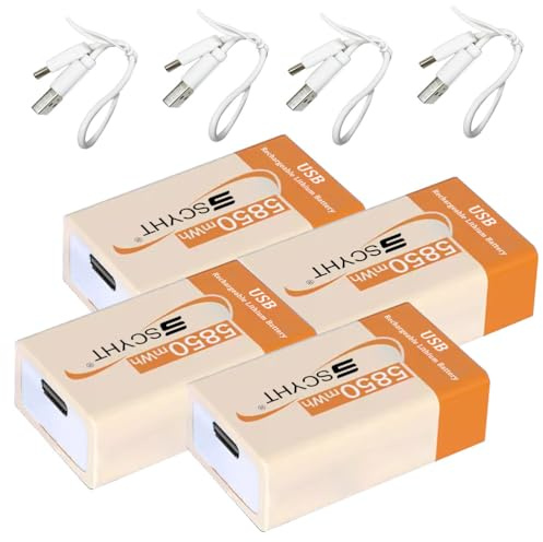 SSCYHT Batteries Lithium 9 V Batterie USB Rechargeable 9 V Batterie Lithium-ION pour détecteur de fumée et radios Portables Batteries 5850 mAh avec câble Type-C,9v5850mah 4pack