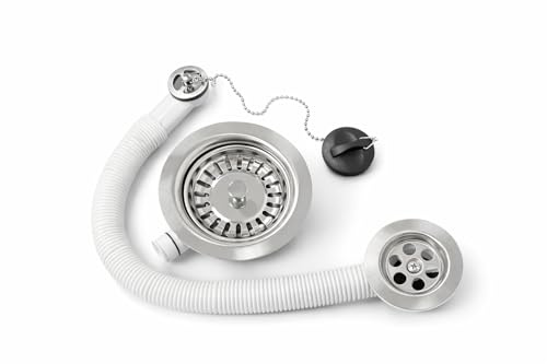 SBUK 1.5 Bowl Sink Strainer & Plug Waste Kit – Stainless Steel Kitchen Sink Waste with Overflow, Flexible Hose & Chain Plug – Universal Fit