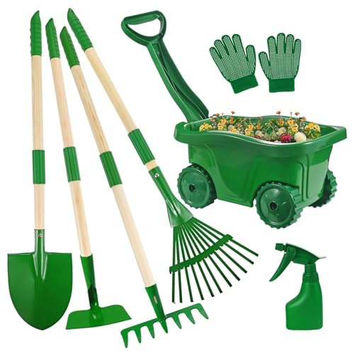 Set da giardinaggio per bambini Set da giardinaggio per bambini da 7 pezzi con carriola, pala, rastrello e rastrello per foglie, attrezzi educativi da giardino per per giochi all'aperto in co
