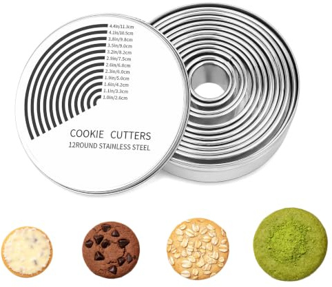 12 Pcs Round Cookie Cutter Set, Stainless Steel Pastry Cutters, Round Cookie Cutter, Suitable for Baking, Cakes, Doughnuts, Pastries and Dough, Durable Metal Baking Moulds with Scalloped Edges