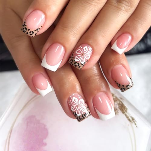 Dermalyx 24 Stück French Press On Nails Schwarz Weiß, Kurze Künstliche Nägel mit Blümchen & Leoparden Muster, Künstliche Nägel Fake Nägel zum Aufkleben Sommer