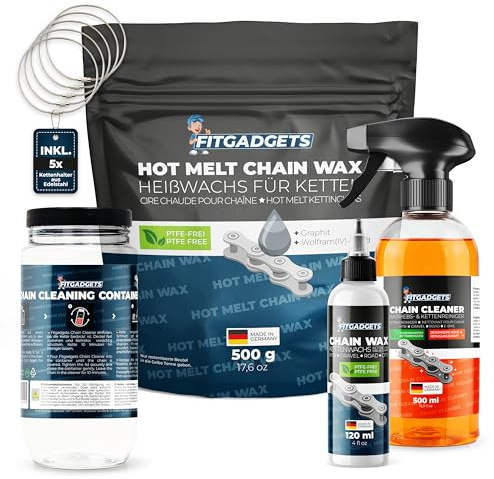 Fitgadgets Chain Wax Complete-Set, Kettenwachs Spar-Komplettset, 500g Heißwachs, 120ml Kettenwachs, 5 Kettenhalter, 500 ml Kettenreiniger & Reinigungsdose für Gravelbike, Rennrad, MTB & E-Bike