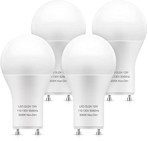 LOHAS GU24 Base LED Light Bulb, 1200Lumen, 12Watt (75W-100W Equivalent) 5000K Daylight White A19 Shape for Ceiling Fan, Twist Lock GU24 LED Light Bulbs for Home Lighting, Non-Dimmable, 4-Pack