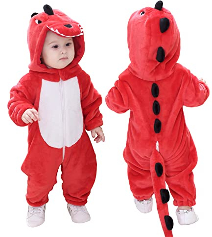 Doladola Mameluco de bebé para Halloween Monos de Franela de Animale Traje de Animales Ropa con Capucha Cálido Lindo Pijama(12-18 meses, Dinosaurio rojo)