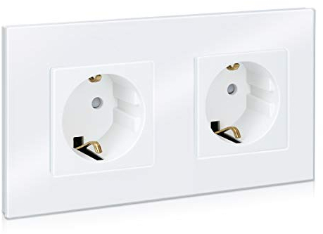 Navaris Prise de courant Schuko murale - Double prise Schuko avec terre encastrable design cadre en verre - Prise électrique standard blanche