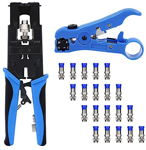 Delgada Kit de crimpadora de conectores de compresión coaxial multifuncional, cable coaxial para reparación de TV Bnc Herramienta de compresión para RG59 RG6 RCA, alicates de crimpado ajustables con 20 conectores de compresión F