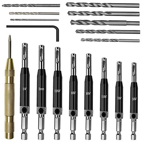Create idea 18Pcs Hinge Drill Bit Set, Self Centering Drill Bits Center Punch L-Wrench with Replacement Drill Bits for Woodworking Door Window Cabinet Drawer Drilling Tools