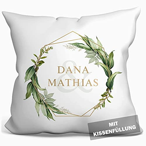personalisierbares Kissen zur Hochzeit, Hochzeitskissen Auto Hochzeits-Geschenk Standesamt Kirchlich Freie Trauung, Kissenhülle mit Füllung, Kissen mit Namen und Datum weiß 40cm x 40cm (Grün)