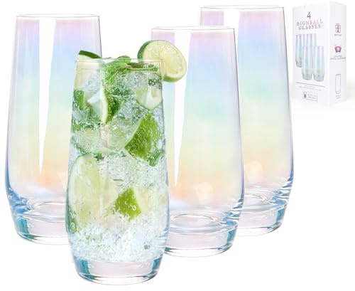 Swetwiny Vasos Highball coloridos, juego de 4 cristalería iridiscente de 18.5 onzas sin plomo para bebidas mixtas, jugo, cóctel, paquete de regalo (coloridos)