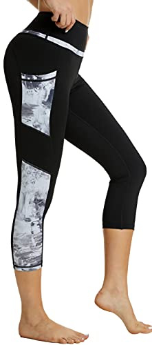 Zinmore Damen High Waist Caprihose Sporthose Tights Yoga Leggings Übung Fitness Workout Leggings mit Handytaschen Schwarz S