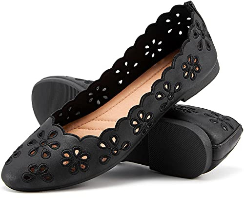 FRACORA Women's Ballet Flats Black PU Leather Dress Shoes Comfortable Round Toe Slip on Flats with Breathable Eyelets(Black.US7.5)
