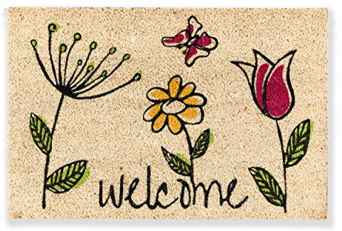 Rutschfeste Kokosmatte innen - Fußmatte Blumen 40 x 60 cm (Rechteckig) | Coco Style Fussmatte Innenbereich & überdachter Außenbereich Türmatte wetterfest Fußmatte Kokosfaser natur strapazierfähig