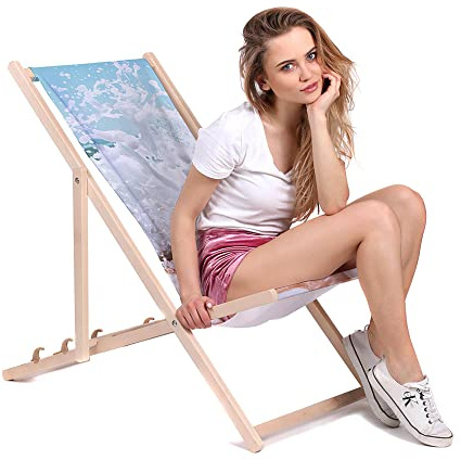DreamRoots Liegestuhl klappbar Buchenholz, Ocean Water | Klappliegestuhl Holz, Buchenholz, bis 130 kg, 3-fach verstellbar, waschbarer Polyesterbezug, für Garten & Terrasse