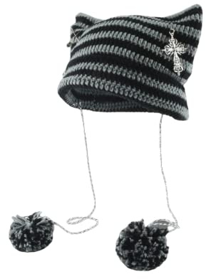 Häkelmützen für Damen, Vintage-Mütze, Fuchsmütze, Grunge-Gothic-Mütze, Y2K-Zubehör, lässige Beanies für Damen, Grau/Schwarz