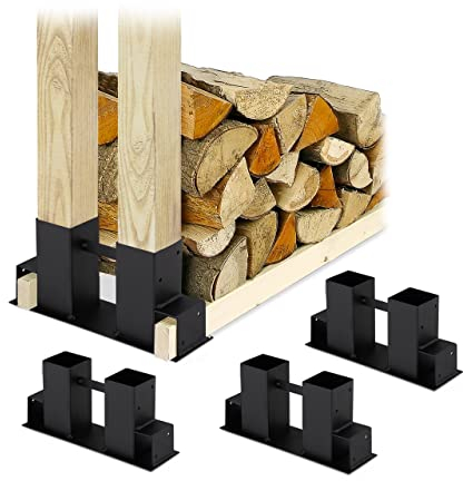 Relaxdays Supporti per Portalegna, Set da 4 Staffe, Sostegni per Cataste di Legna, per Scaffali Fai da Te, Metallo, Nero, Acciaio