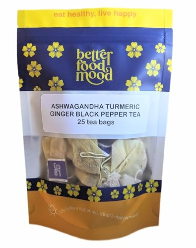 Better Food Mood Ashwagandha Turmeric Ginger Black Pepper Tea Bags (25 Plastic Free teabags) | May Aid Digestion & Sleep & Boost Immunity | No Caffeine