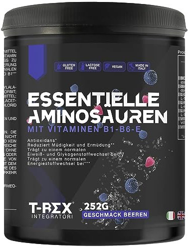 EAA Aminoacidi Essenziali con mix di vitamine B1, B6 ed E - Integratore di amminoacidi naturali vegan ottenuti da fermentazione T-Rex Integratori (Polvere, Frutti di Bosco)