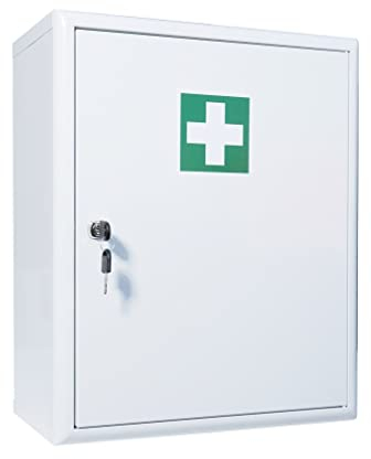 HierBeiDir Erste Hilfe Verbandschrank mit DIN 13157:2021, Medizinschrank mit 3 Fächern (2 verstellbar) + 2 Türfächer, Sicherheitsschloss – aus Metall, 48,5 x 40 x 20 cm – robust & Platz für mehr