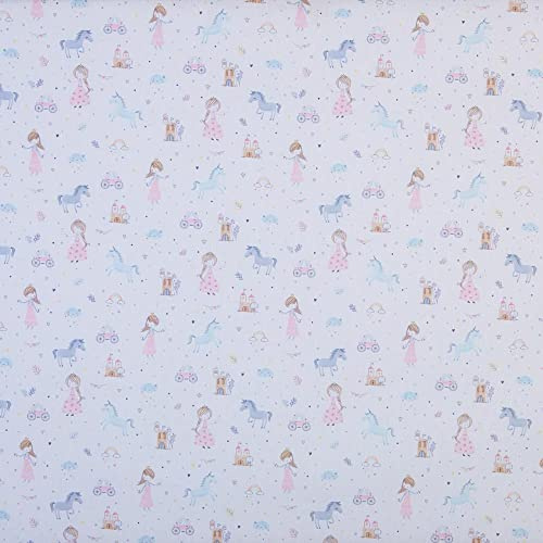 Kt KILOtela - Baumwoll-Patchwork-Stoff, Digitaldruck, Nähen, Basteln, 140 cm breit, Länge zur Auswahl von 50 in 50 cm, Prinzessinnen, Einhorn, Blau, Rosa