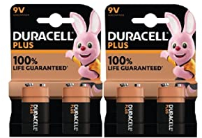 4 x Duracell 9 V Plus 6LR61/MN1604 Alcaline (2 ampoules de 2 batteries) 4 piles