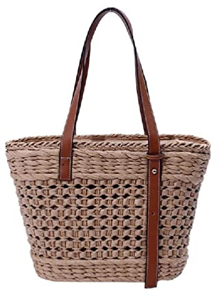 PLMN Sac à bandoulière en paille tissé à la main pour femme - Sac fourre-tout d'été - Sac de vacances pour femme - Sac à main creux - Sac fourre-tout en paille - Sac à bandoulière creux - Sac à main
