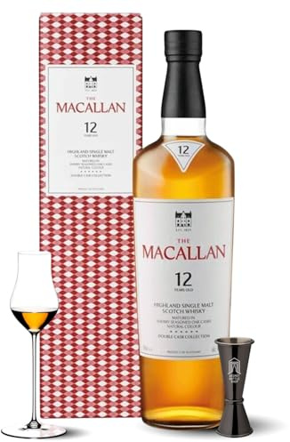 The Macallan 12 Years Old Double Cask & Glass, Jigger Set | Scotch | Highland | Single Malt Whisky | Toffee, Orange Peel and Spice | European and American Oak Sherry Seasoned Casks 70 cl