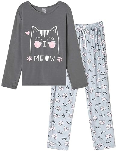 MyFav Pyjama Femme, Ensembles de Pyjama Femme Hiver Manches Longues Doux Chaud 2 pièces Vêtements de Nuit (Gris,M)