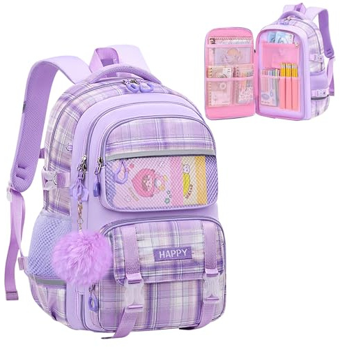WYCY Mochila para Niñas Moda Refrigerador Puerta Mochila Escolar Gran Capacidad Kawaii Mochila Escolar con Lindos Colgantes de Unicornio y Mochila Impermeable para Niñas (cuadros morados)