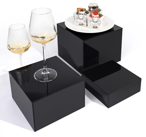 LINYAPRY Set di 3 rialzi a forma di cubo in acrilico nero lucido, alzate per alimenti, per tavolo da buffet, scatole in acrilico, per collezionismo, cupcake, dessert, gioielli