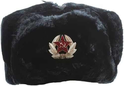 Bison USCHANKA Russland FELLMÜTZE WINTERMÜTZE SCHAPKA Ushanka SCHAPKA FLIEGERMÜTZE PELZMÜTZE MIT KOKARDE (DE/NL/SE/PL, Numerisch, 59, 60, Schwarz)