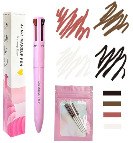 MKNZOME Bolígrafo de Maquillaje 4 en 1, Lapiz de Ojos Waterproof, Lapiz de Cejas, Iluminador, Perfilador Labios, Makeup Maquillaje Mujer, 1PCS + Recarga de Repuesto, Rosa