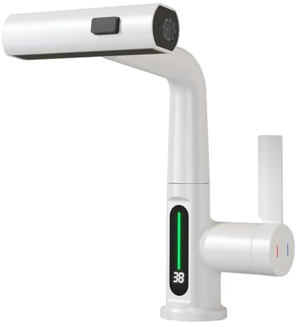 Wasserhahn Küche Ausziehbar mit LED Temperaturanzeige, 3 Modus, Weiß) | Küchenarmatur Wasserfall, Einhebel Mischbatterie 360° Drehbar Spültischarmatur Küche Armatur Hochdruck, Höhenverstellbar