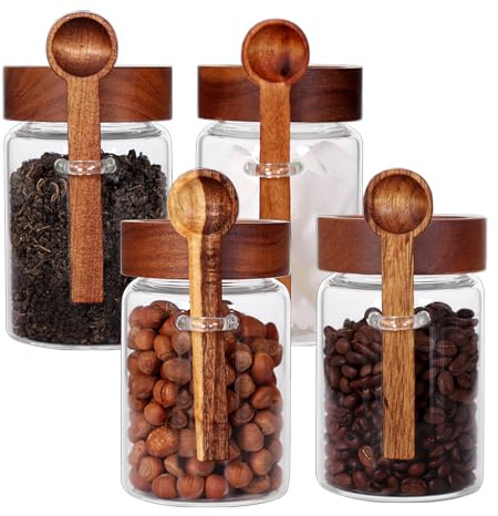 SAIOOL Loose Leaf Tea Storage Canister Set, 4 Pieces 16 OZ Glass Tea Containers with Wooden Lids and Spoons for Loose Tea, Coffee, Sugar, Oatmeal, Herbs (Tea Canisters)