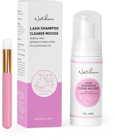 Natuhana Shampoing Cils Extension 60ml + Brosse, Mousse Nettoyant pour Lash Extension, Sans Paraben ni Sulfate Salon et Soins à Domicile