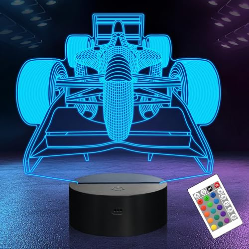 OkiyiD F1 Gifts for Boys Men, Formula 1 Racing Car 3D Illusion lamp Roadster Night Light for Kids Boys Bedroom Decor,16 Colors Changing Lighting Lamp with Remote Control