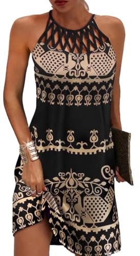 GRMLRPT Robe Femme d'Été sans Manches Boho Mi-Longues Style Ethnique Élégant Imprimé Mesh Rétro Neckholder Loisirs Robes de Plage(Noir-3,S)