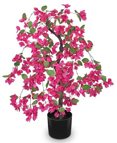 Arborus Buganvilla artificial de 75 cm de altura, árbol artificial de interior rosa en maceta negra, gran planta artificial con flores para el hogar, oficina, jardín, decoración de